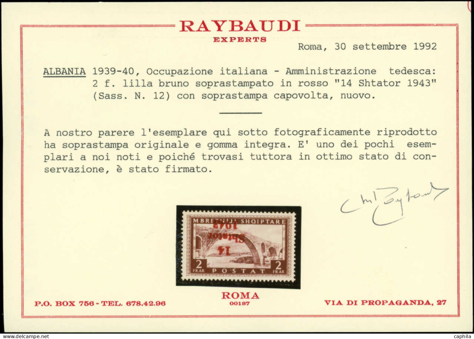 ** ALBANIE - Poste - 300, Surcharge Renversée, Certificat Photo Raybaudi (légère Oxydation): 2FR. (Michel 12K) - Albanie
