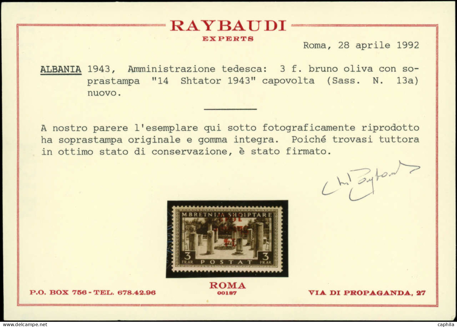 ** ALBANIE - Poste - 301, Surcharge Renversée, Certificat Photo Raybaudi: 3FR. (Michel 14K) - Albanie