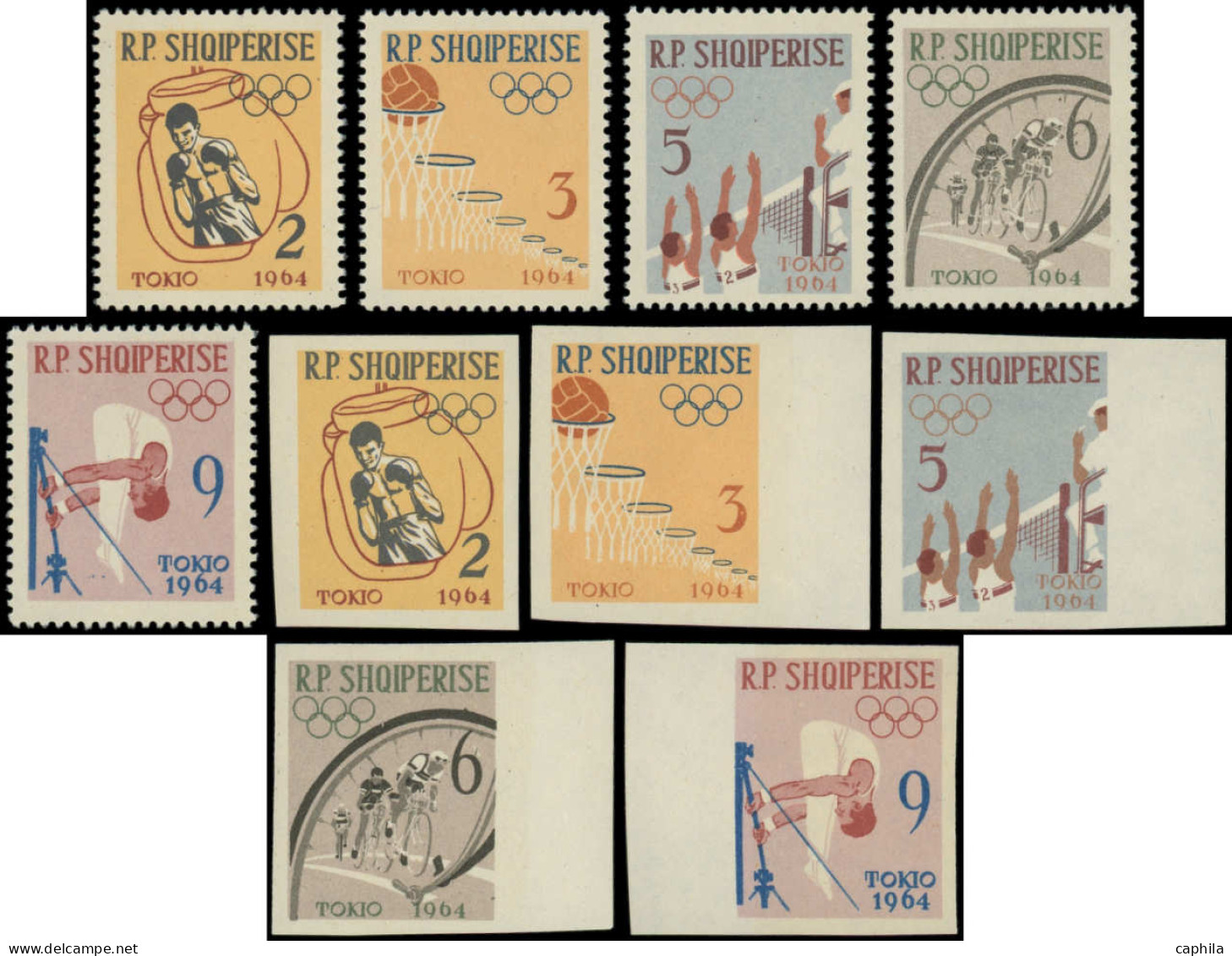 ** ALBANIE - Poste - 626/30 + Bf 6H, Complet Dentelés + Non Dentelés: Jeux Olympiques De Tokyo 1964 - Albanie