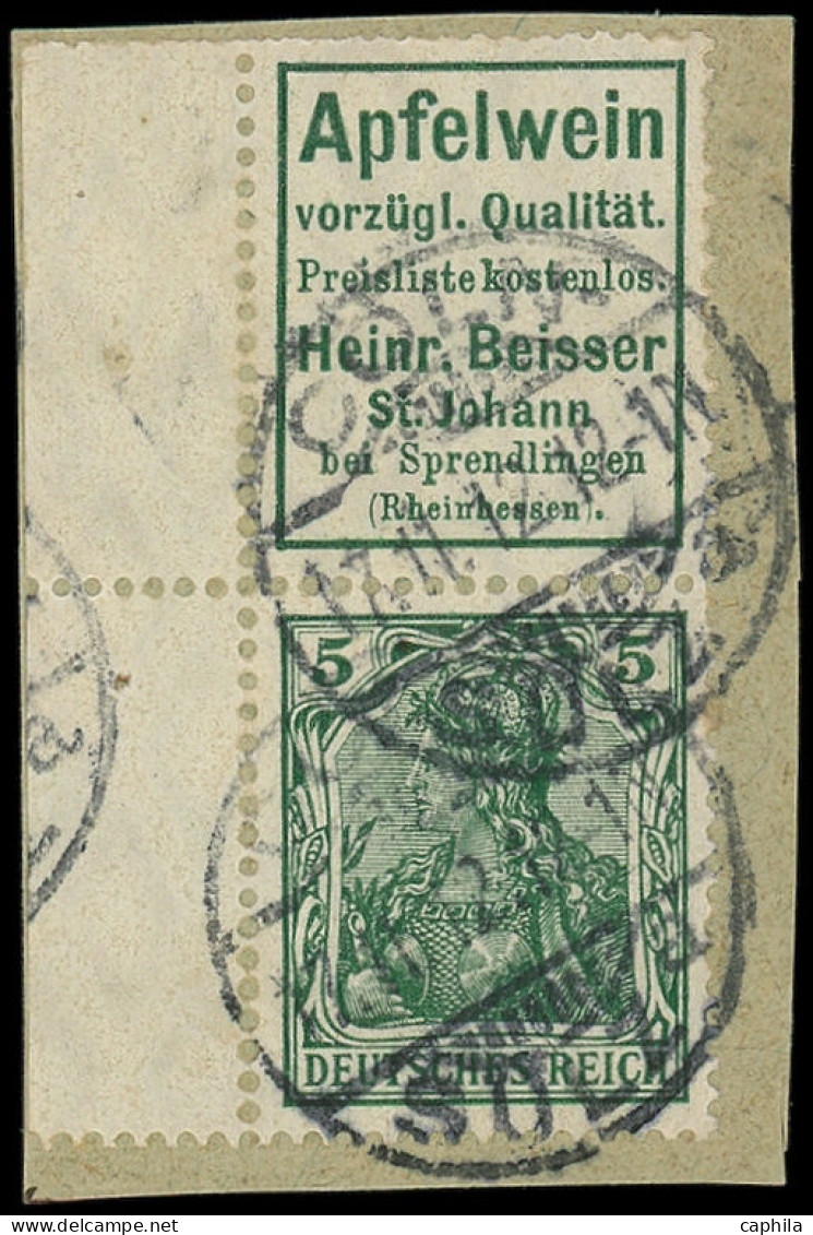 O ALLEMAGNE EMPIRE - Timbres De Carnets - Michel S 1.7, Bdf Sur Petit Fragment: "Apfelwein" + 5pf. Vert - Other & Unclassified