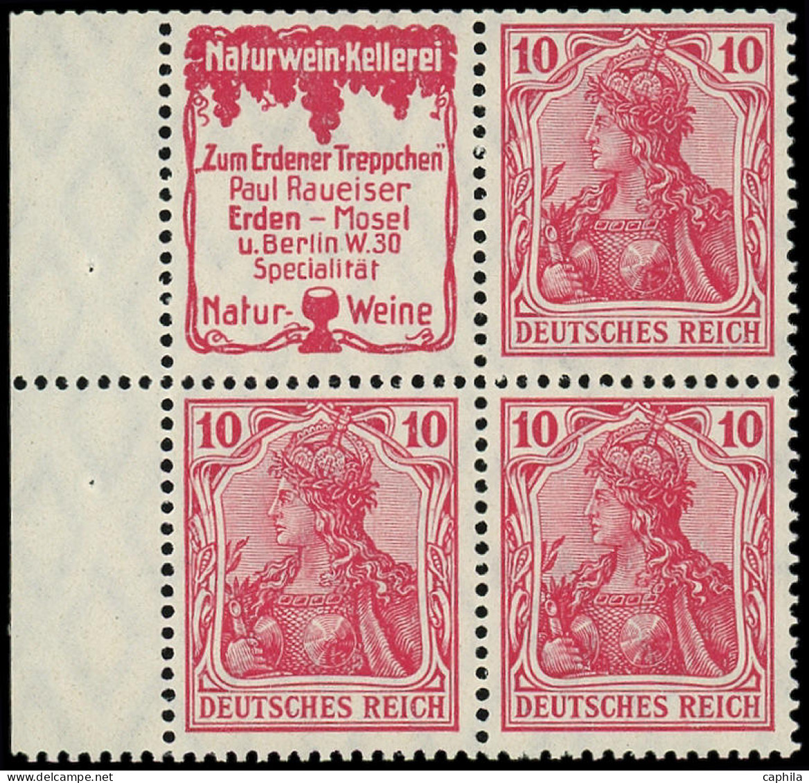 * ALLEMAGNE EMPIRE - Timbres De Carnets - Michel S 2.19, Bloc De 4, Bdf: 10pf. Germania "Naturwein" (vin Et Grappe) - Autres & Non Classés