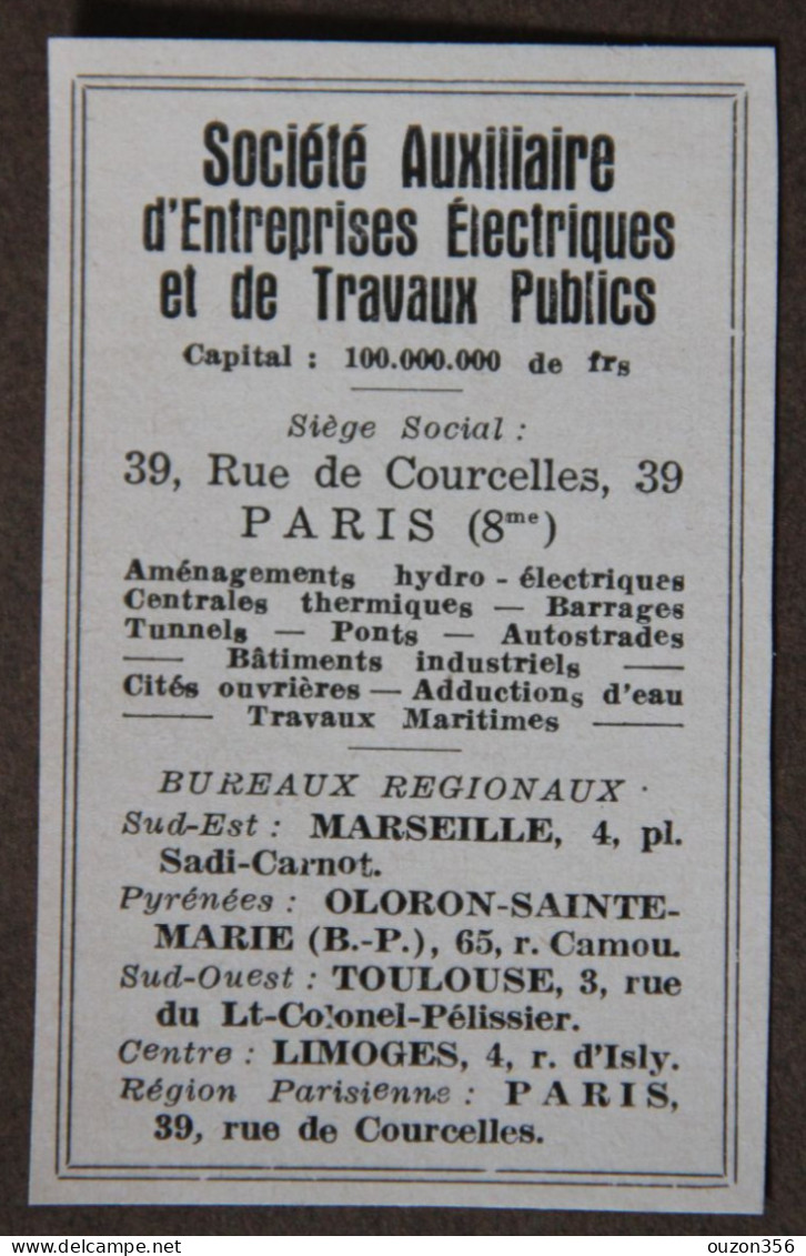 Publicité : Société Auxiliaire D'Entreprises Electriques Et De Travaux Publics, Paris, Marseille, 1951 - Reclame