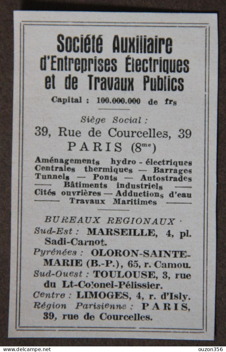 Publicité : Société Auxiliaire D'Entreprises Electriques Et De Travaux Publics, Paris, Marseille, 1951 - Publicités