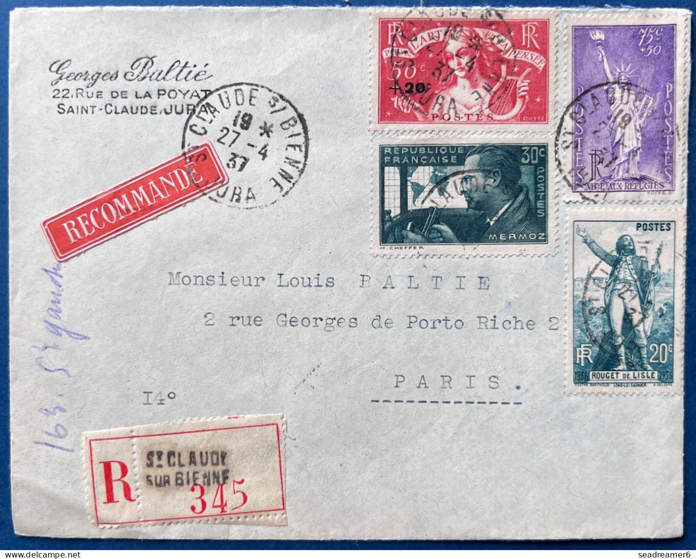 Lettre Recommandée 309, 314, 329 & 337 Oblitérés ST CLAUDE SUR BIENNE Pour PARIS PARIS TTB - Storia Postale