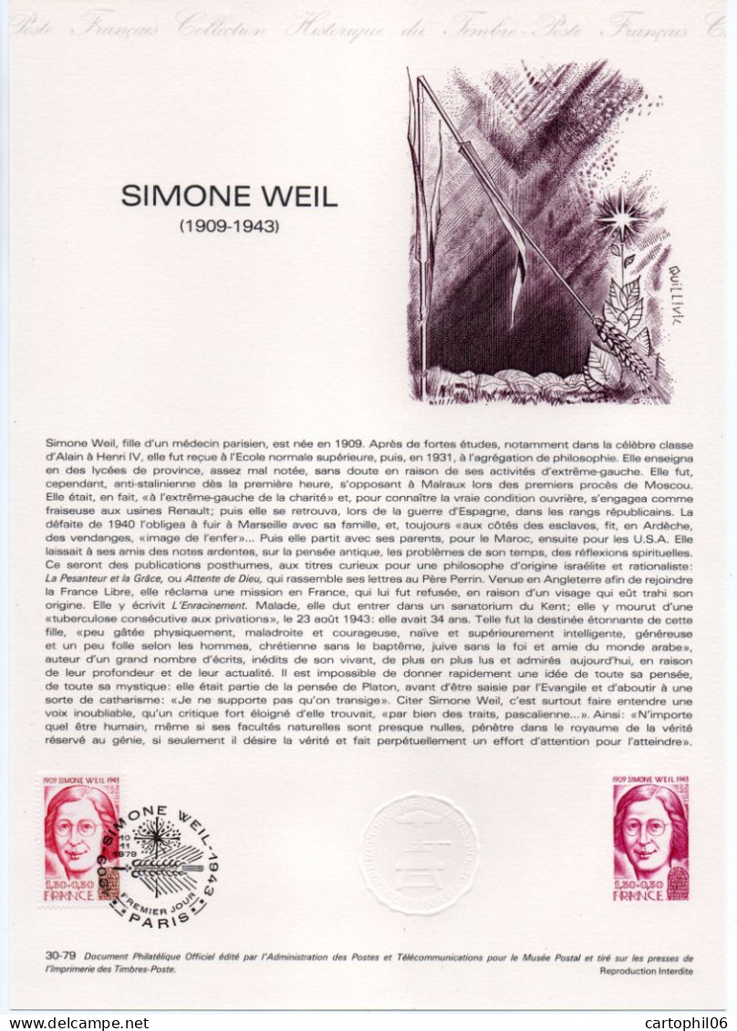 - Document Premier Jour SIMONE WEIL (1909-1943) - PARIS 10.11.1979 - - Femmes Célèbres