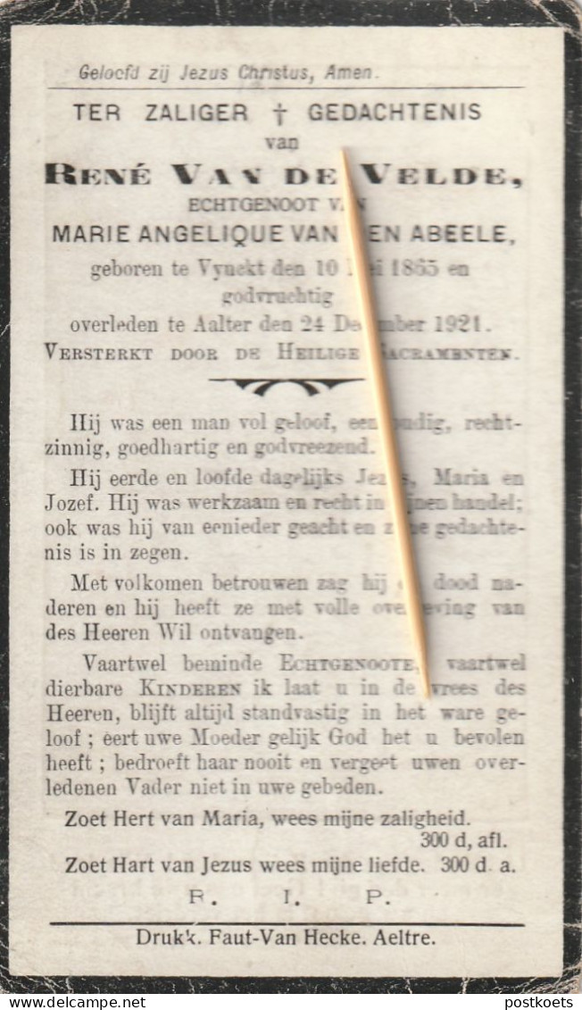 Aalter, Aeltre, Vynckt, 1921, Rene Van De Velde, Van Den Abeele - Images Religieuses