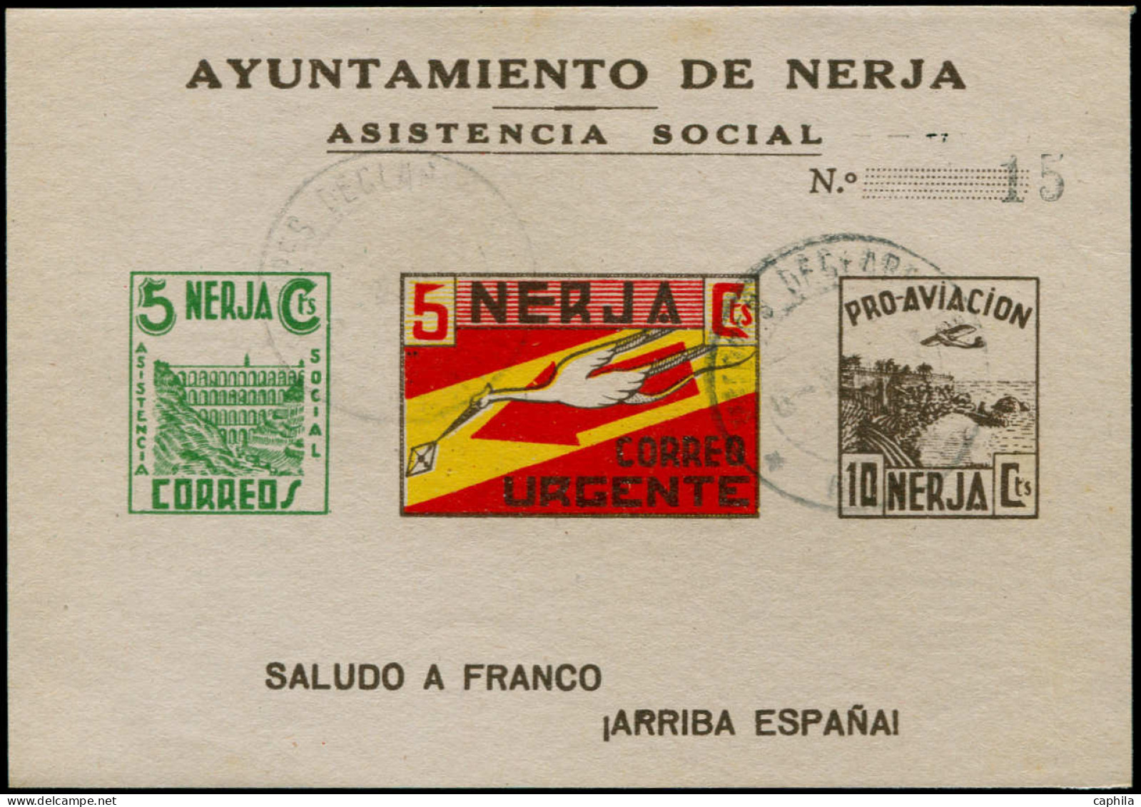 O ESPAGNE GUERRE CIVILE NATION - Poste - Nerja Ed. 23, Feuillet Triptyque Avec 10c. Brun: 5c+5c+10c. Cigogne - Spanish Civil War Labels