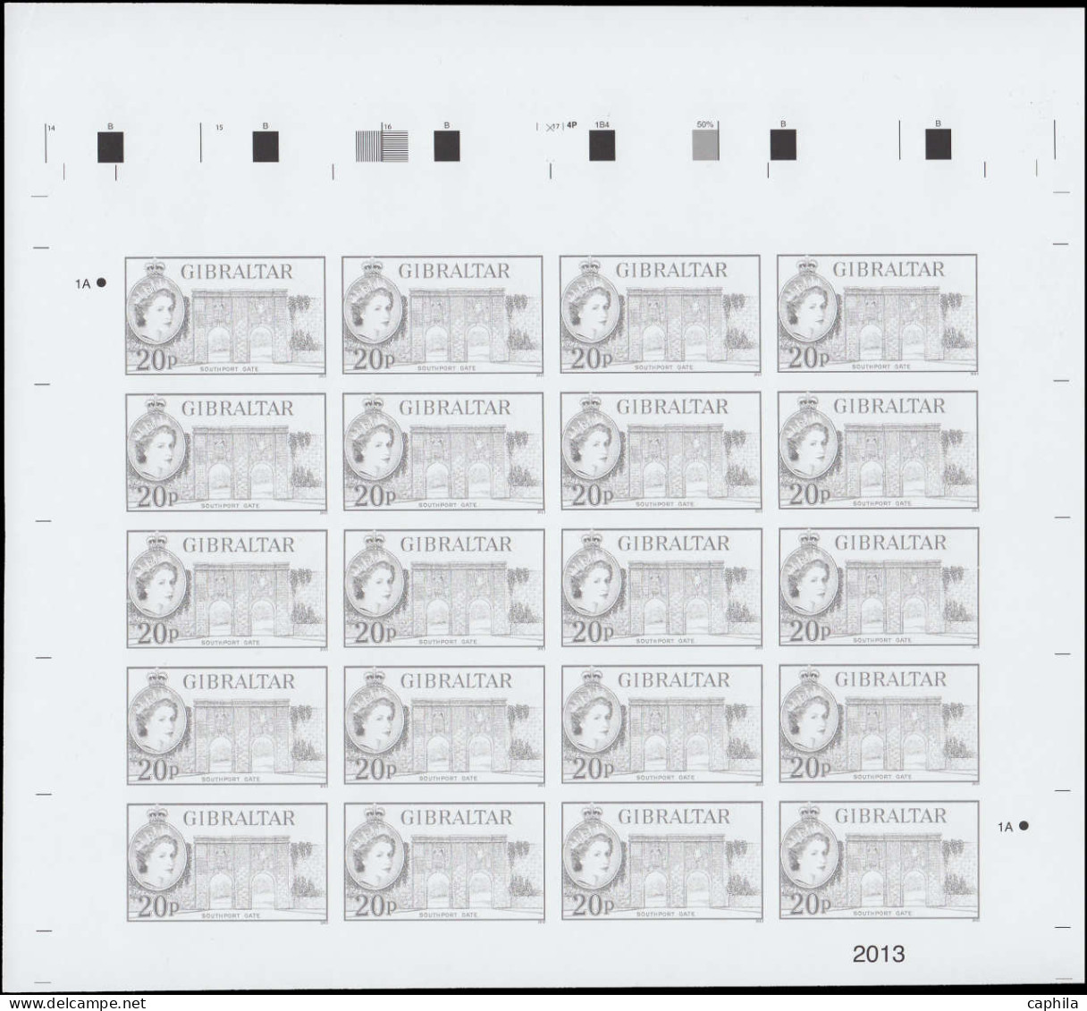 ** GIBRALTAR - Poste - 1553/66, exceptionnelle série de 14 feuilles de 20, couleurs proches de l'originale (tirage infim