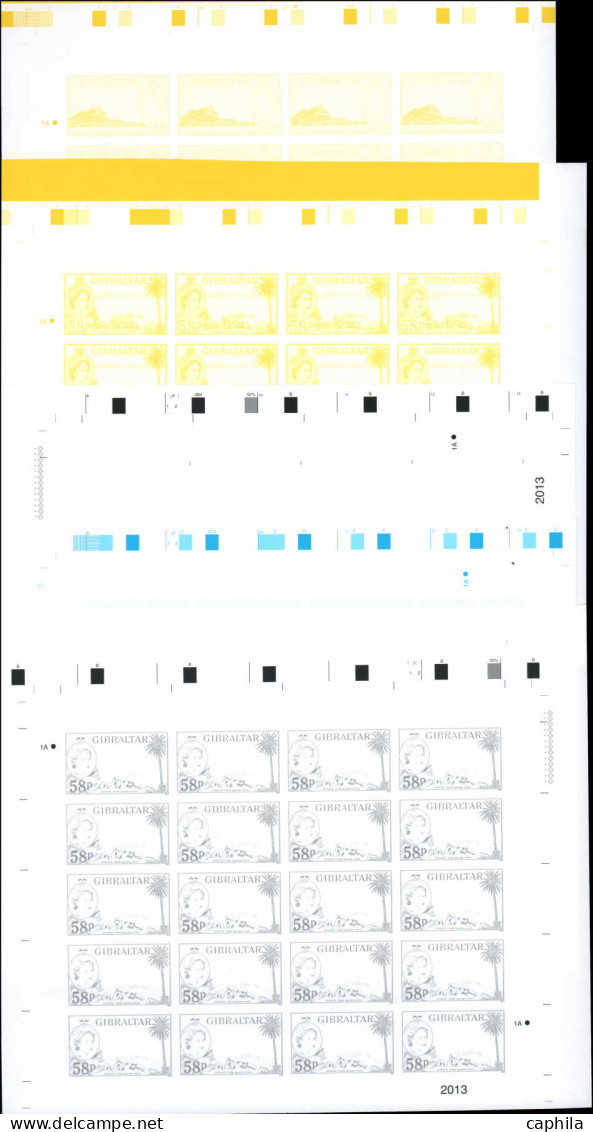 ESS GIBRALTAR - Poste - 1553/66, série de 31 feuilles de 20 différentes en essais de couleurs (620 ex.): Série courante 