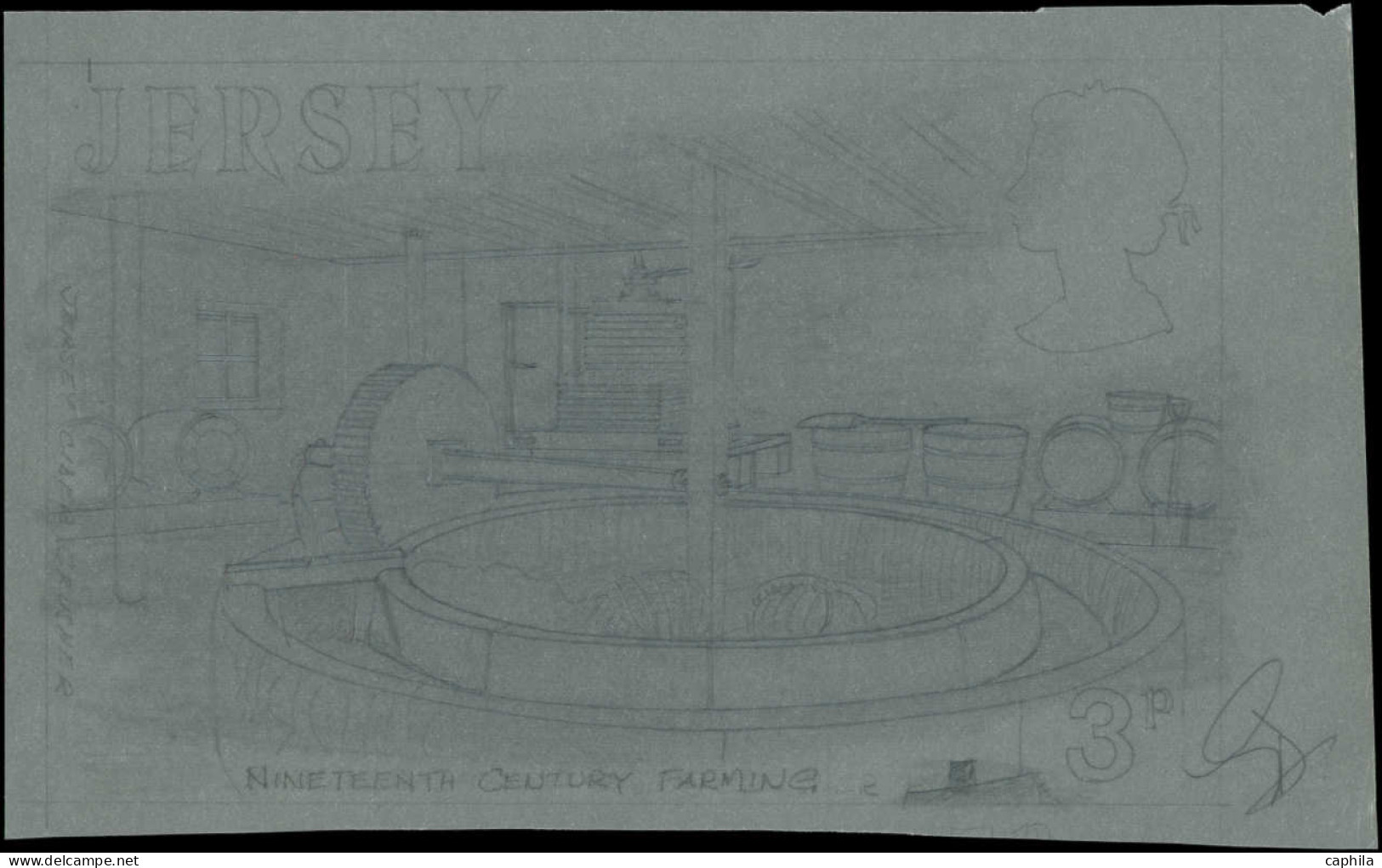 MAQ GB - JERSEY - Poste - 109, Maquette Originale Au Crayon Sur Calque (193x120mm), Faciale 3P: Pressoir à Cidre - Jersey