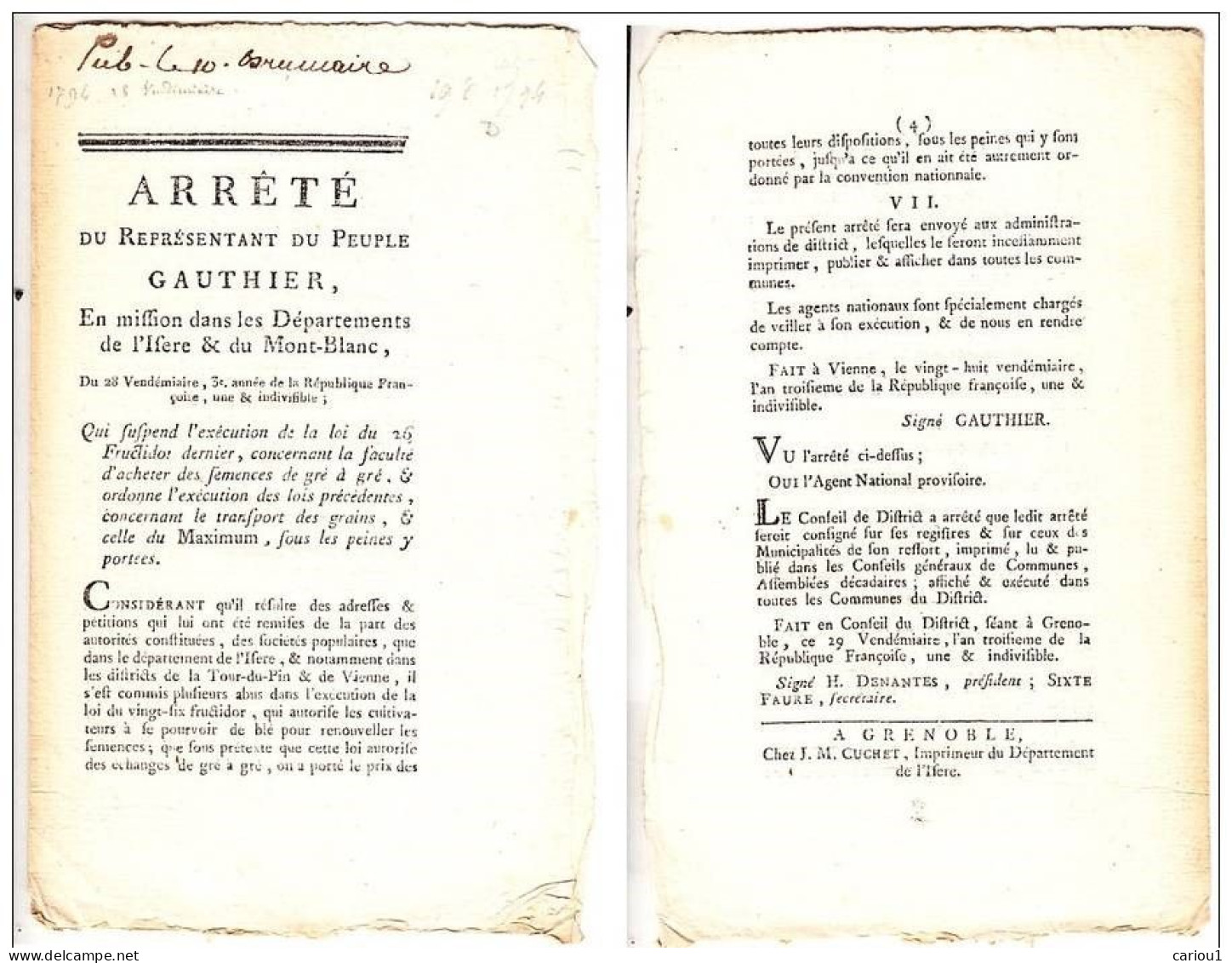 C1 REVOLUTION ARRETE Representant Peuple GAUTHIER Departements Isere Et Mont Blanc 1794 MAXIMUM Port Inclus France - 1701-1800