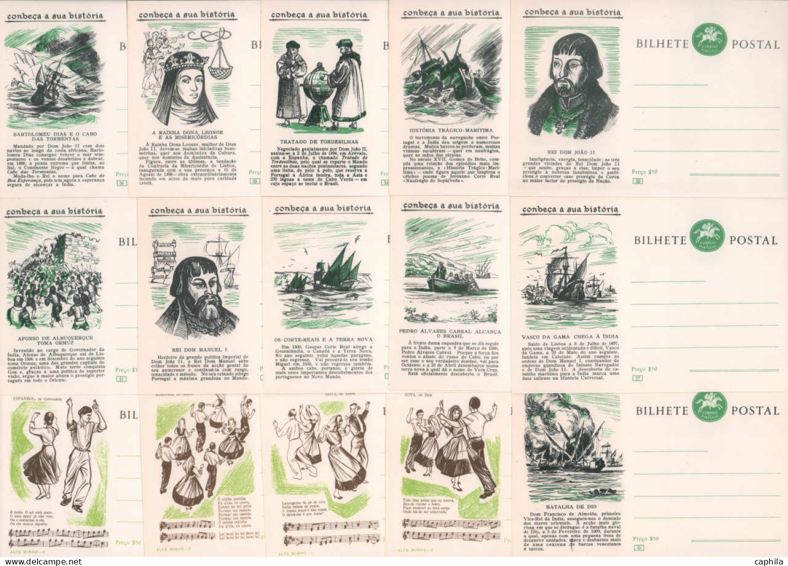 N PORTUGAL - Lots & Collections - Michel P 137/39, Cp 50c. Armoiries 1956/59, série complète de 95 Cp illustrées: Histoi