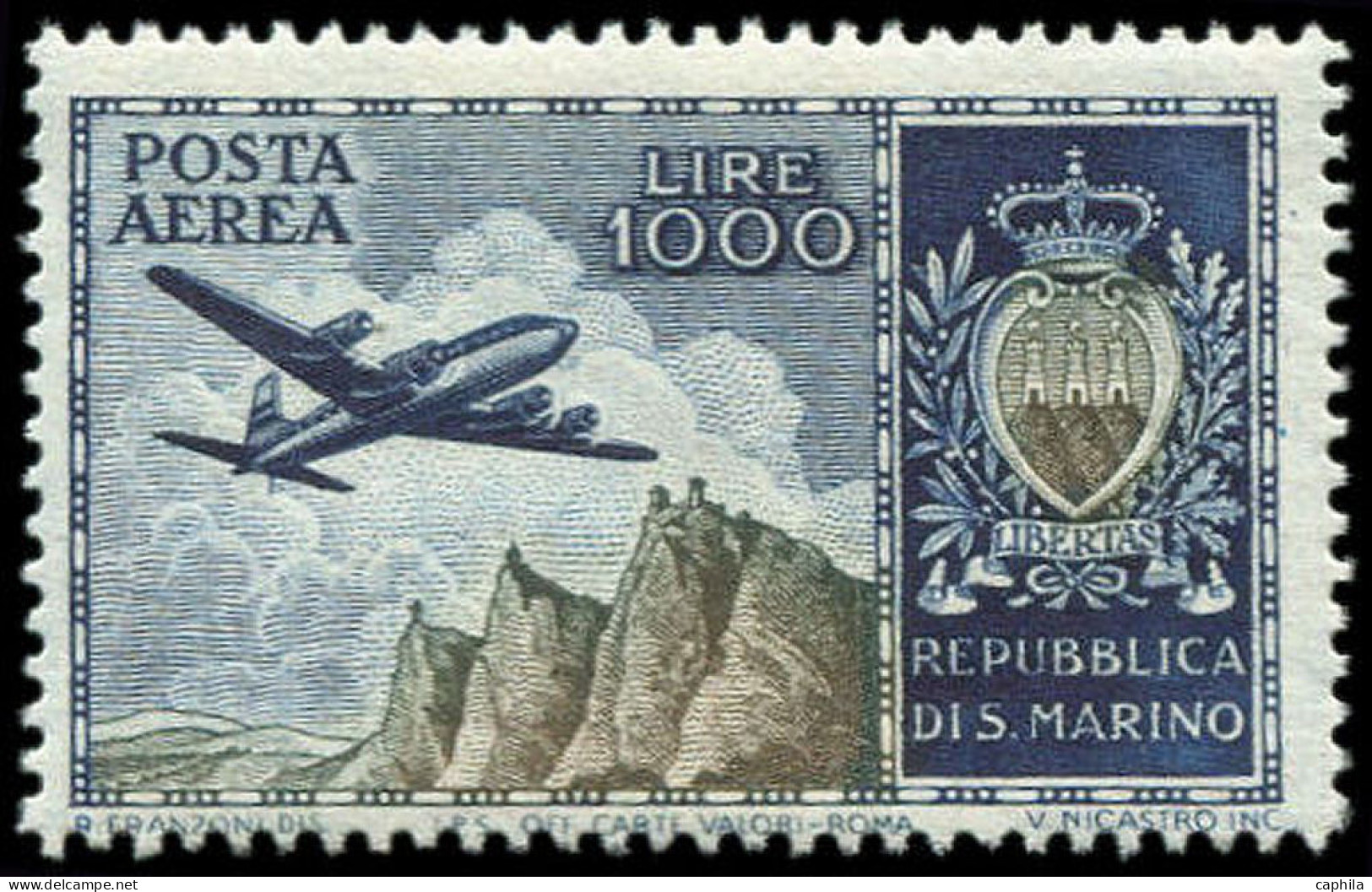 ** SAINT MARIN - Poste Aérienne - 101, 1000l. Bleu Foncé, Brun Et Vert - Airmail