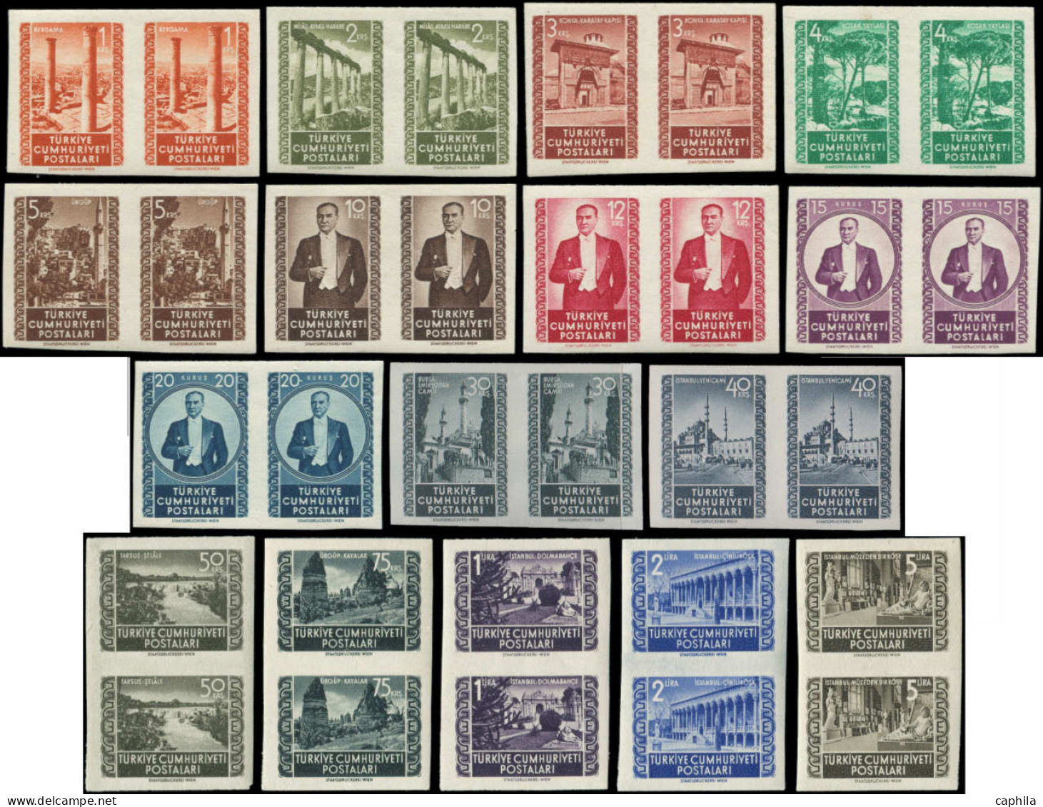 ** TURQUIE - Poste - 1144/59, 16 Paires Non Dentelées, Complet: Série Courante 1952 - Unused Stamps