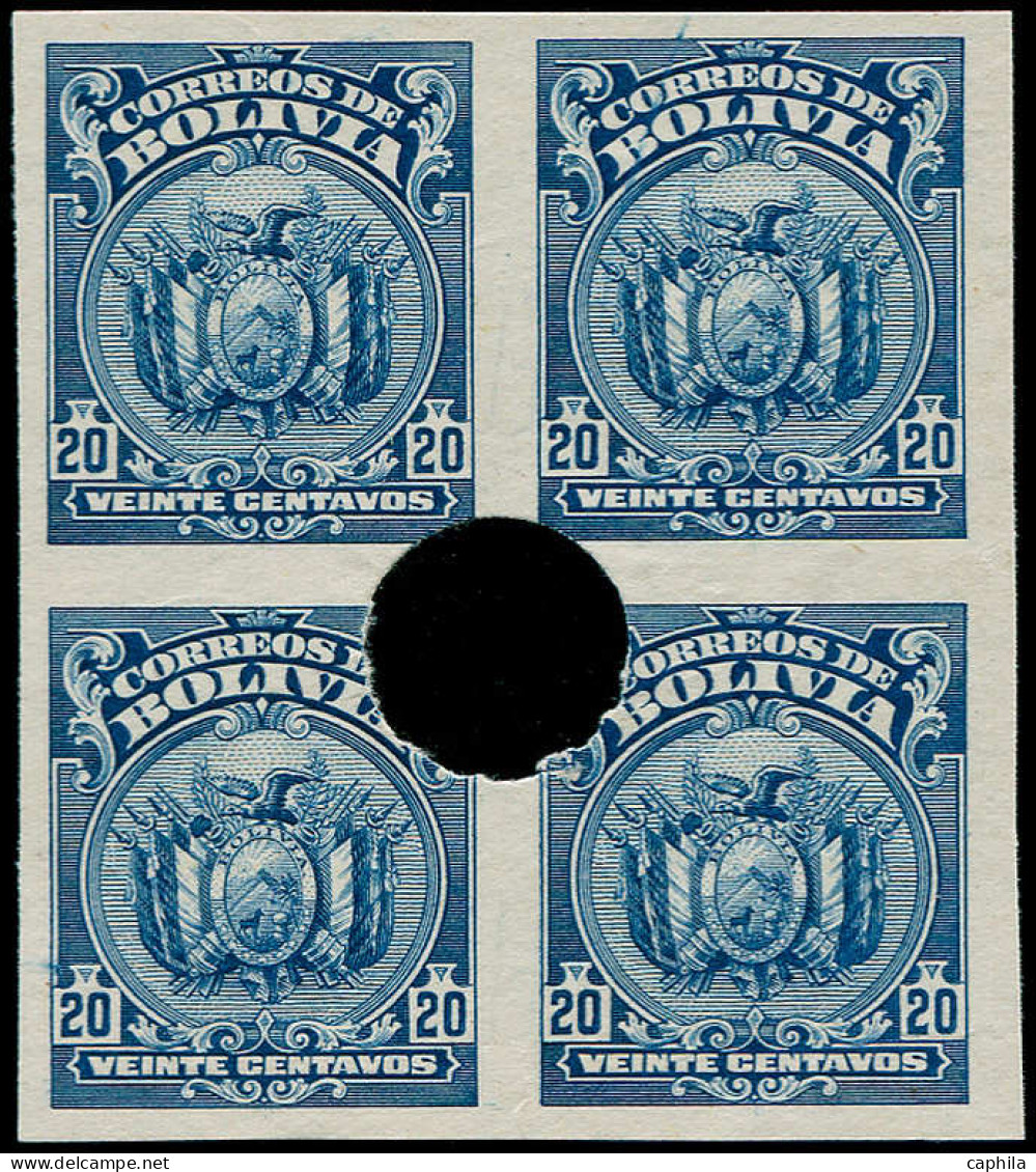 (*) BOLIVIE - Poste - 115A, Bloc De 4, Non Dentelé, Grosse Perforation De Contrôle Au Centre: 20c. Bleu - Bolivie