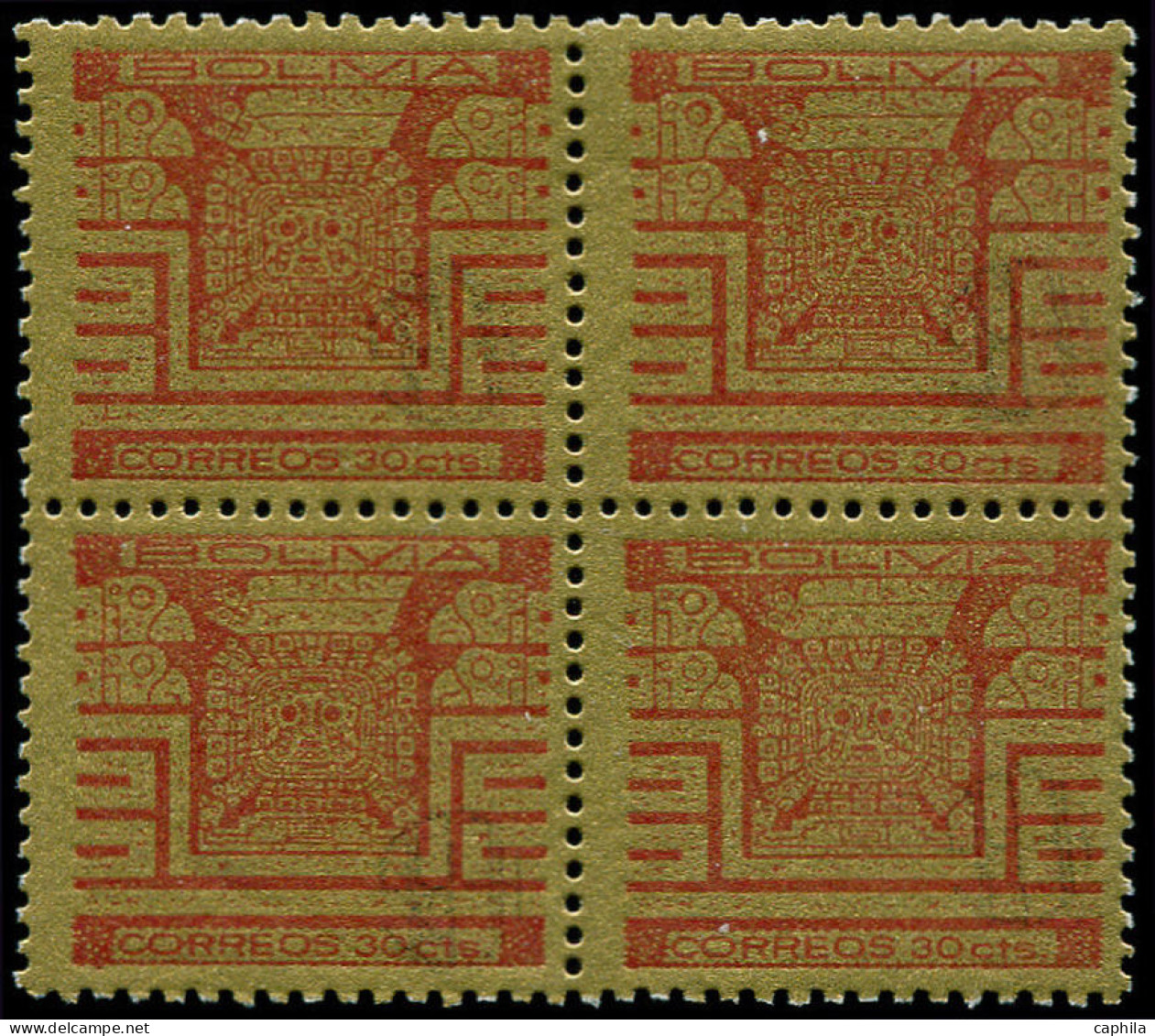 ** BOLIVIE - Poste - 412, Non émis Sans Surcharge, Bloc De 4, Impression Rouge Recto-verso: 30c. Porte Du Soleil - Bolivie