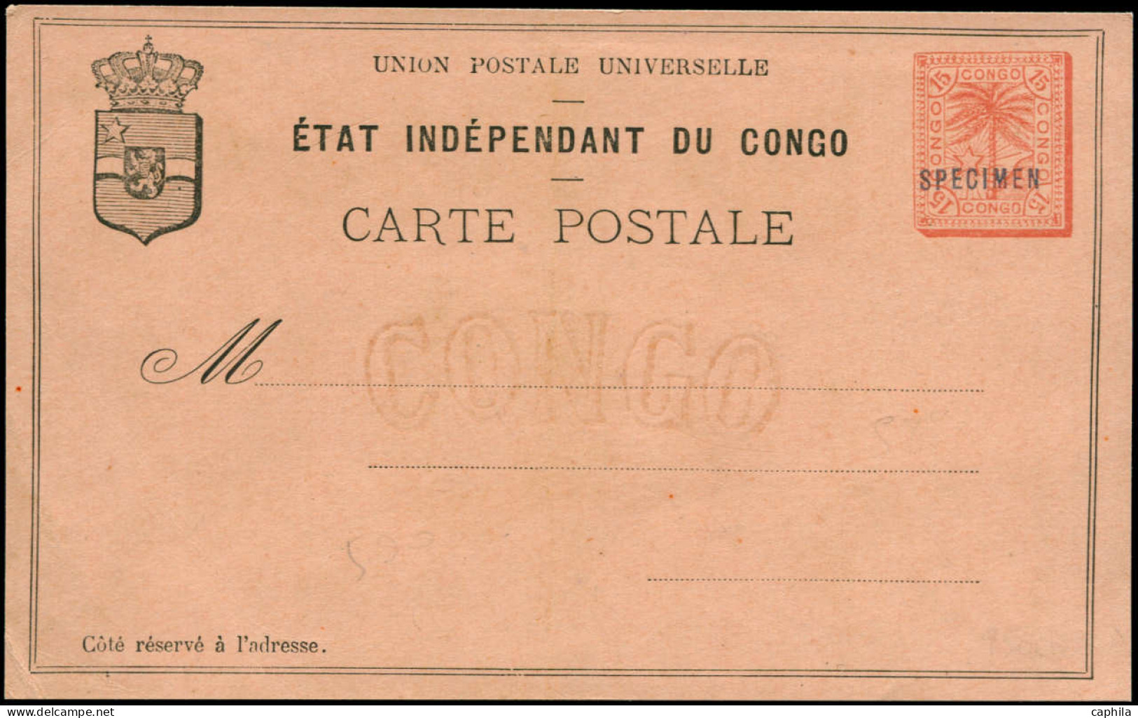 ESS CONGO BELGE - Entiers Postaux - Cp 15c. Rouge Palmier, Cadre Rose, Surchargée Spécimen: Etat Indépendant Du Congo - Autres & Non Classés