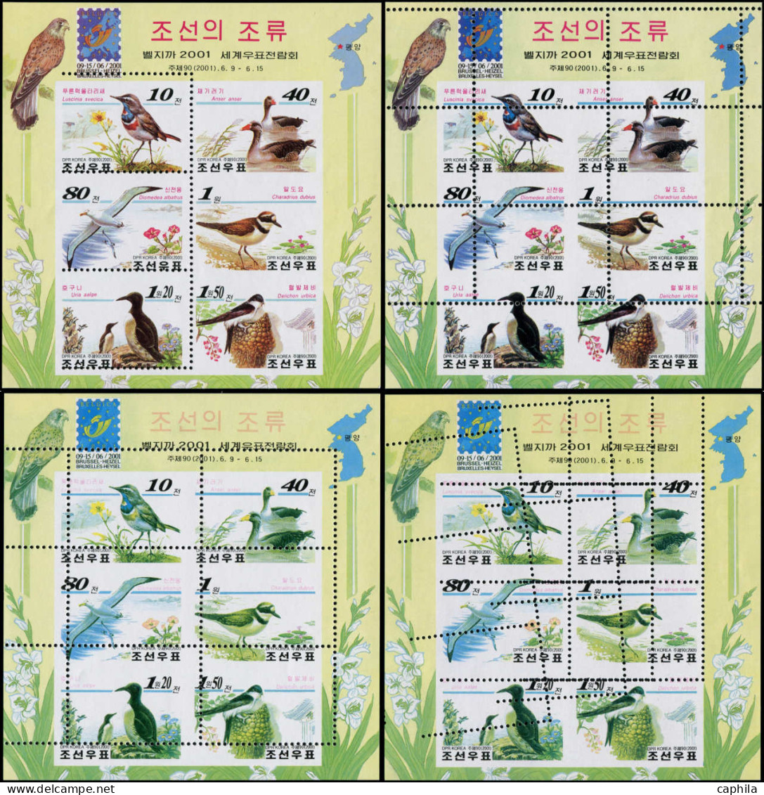 ** COREE DU NORD - Poste - 3092/97, 16 Feuillets En Essais De Couleurs Ou Piquage à Cheval, Tous Différents: Oiseaux - Korea, North