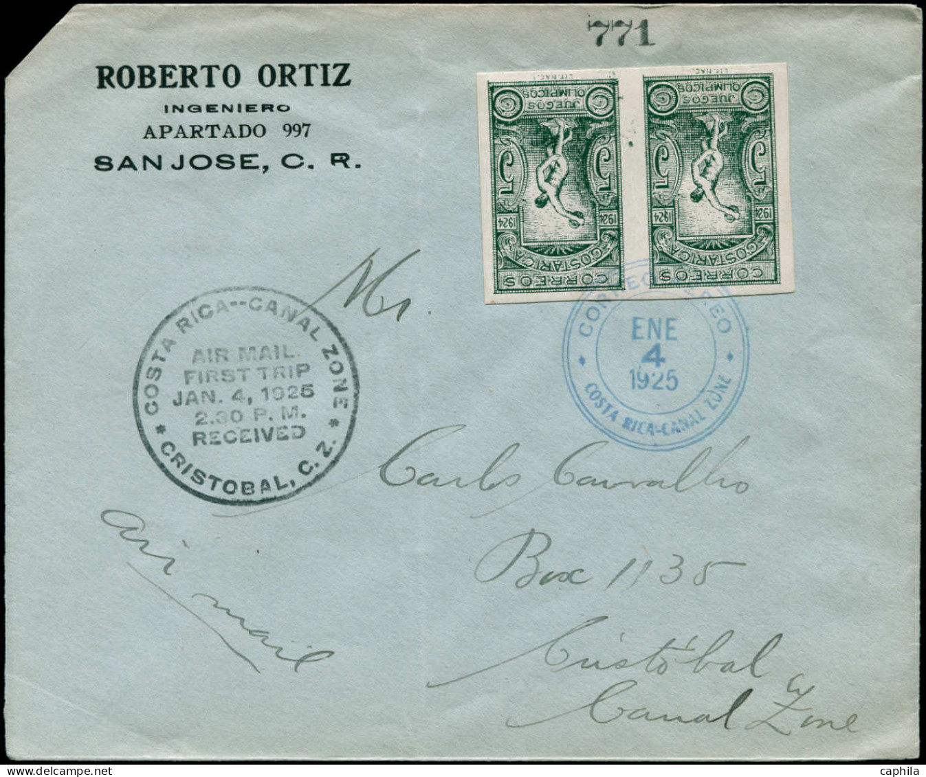 LET COSTA RICA - Poste - 133, Paire Non Dentelée Sur Enveloppe 1er Vol San José/Cristobal 4/1/1925: Jeux Olympiques - Costa Rica