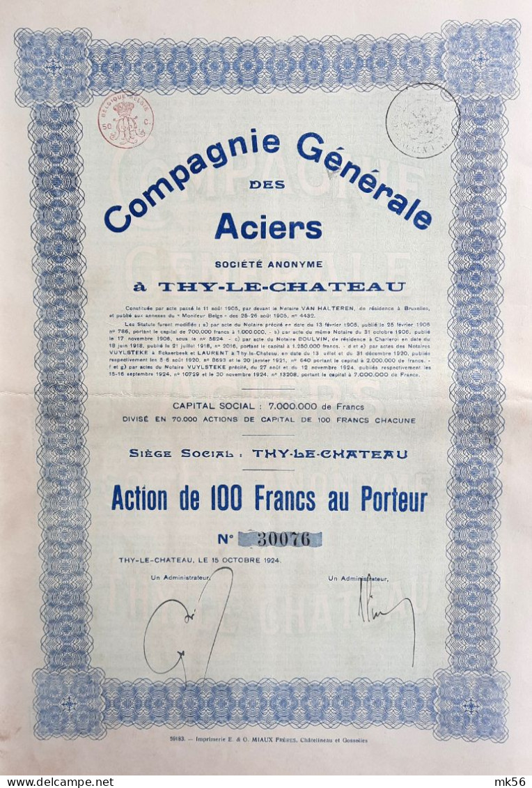 Compagnie Générale Des Aciers à Thy-le-Château - 1924 - Action De 100 Francs - Industrie
