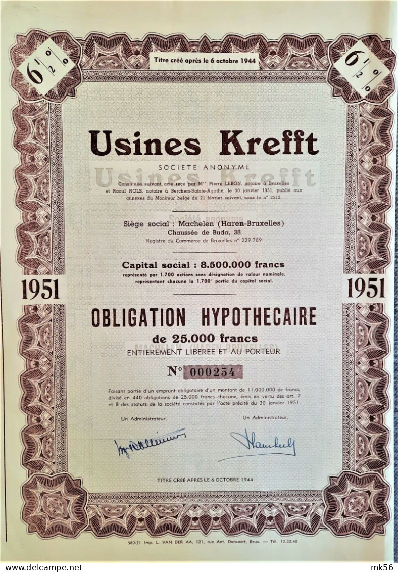 S.A. Usiness Krefft - Obligation Hypothecaire De 25,000 Francs - 6.50% - 1951 (Machelen) - Industry