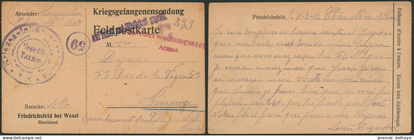 Guerre 14-18 - Feldpostkarte "Kriesgefangenensendung" (Camp De Wesel, 1917) + Gepruft Taxfrei (6e Armée) > Tourcoing - WW I