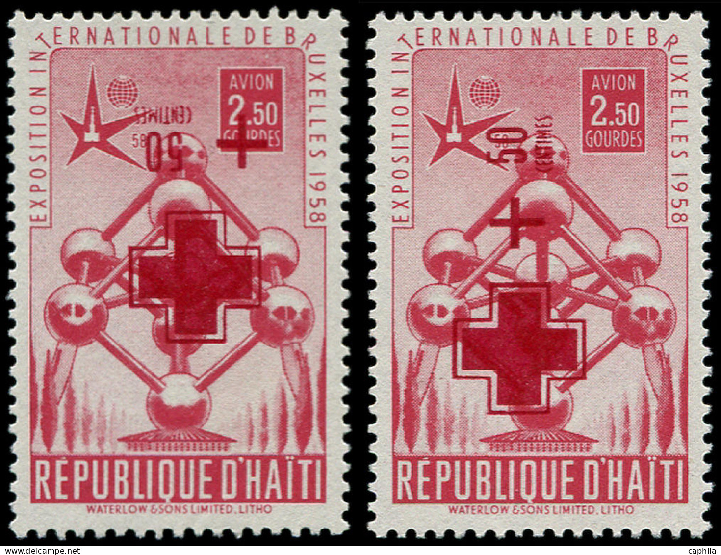 * HAITI - Poste Aérienne - Non émis +50c. S. 2.50g. Rouge, Croix-Rouge, 2 Exemplaires Dont Un Surcharge Renversée: Expo  - Haiti