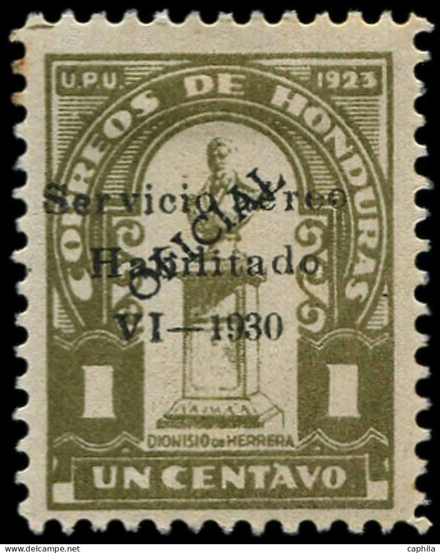 * HONDURAS - Poste Aérienne - 22A, Surcharge Noire (tirage 100), Légères Rousseurs: 1c. Olive - Honduras