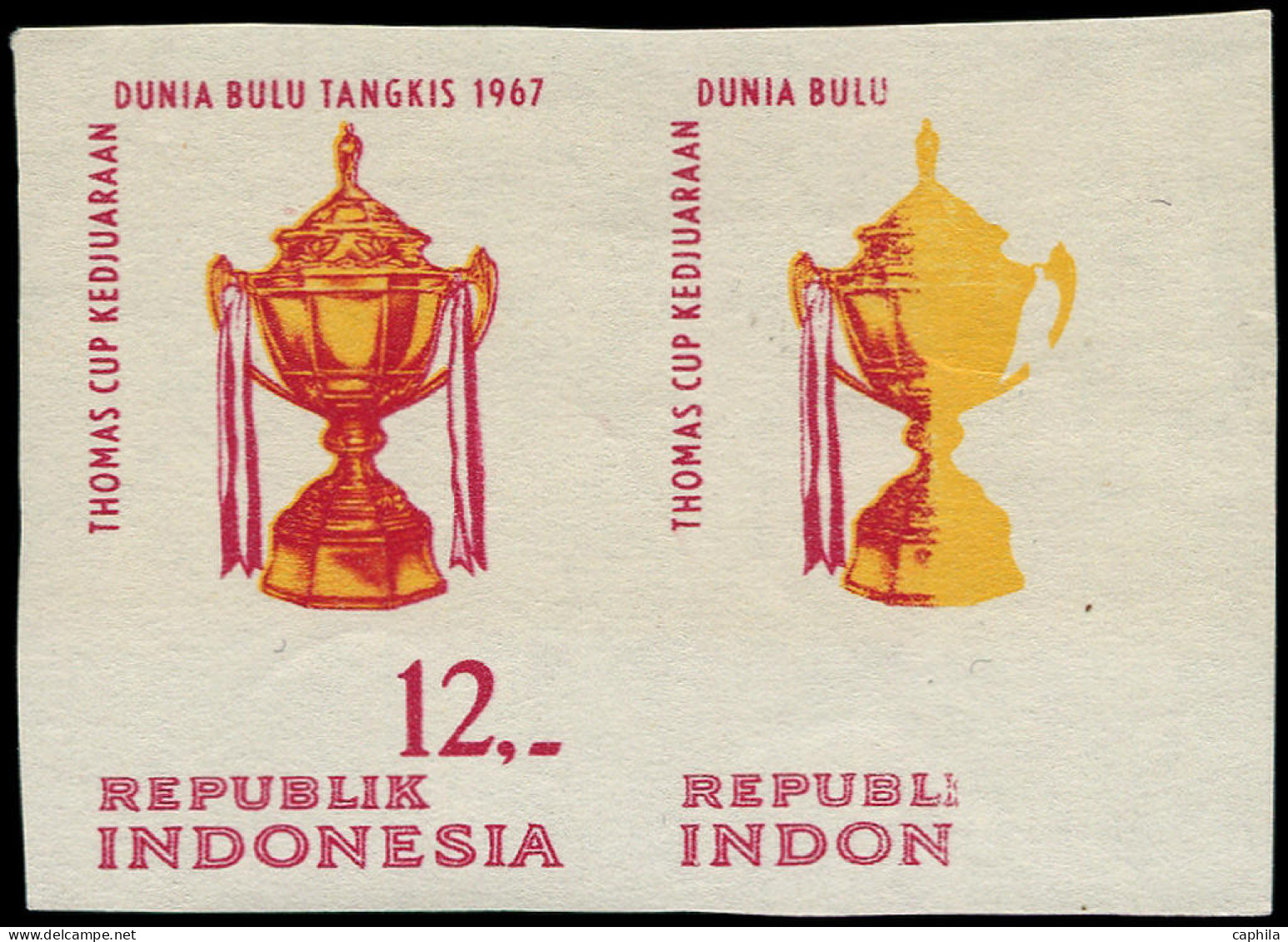 ** INDONESIE - Poste - 515, Paire Non Dentelée, Sans La Couleur Bleu, Le 2ème Timbre Imprimé à Moitié: 12r. Badminton - Indonésie