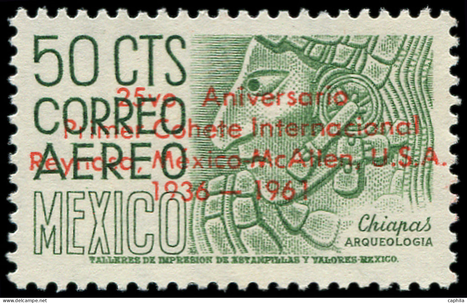 ** MEXIQUE - Poste Aérienne - Michel III, Surcharge Rouge "25ème An. De La Fusée Postale": 50c. Vert (Lollini) - Mexique