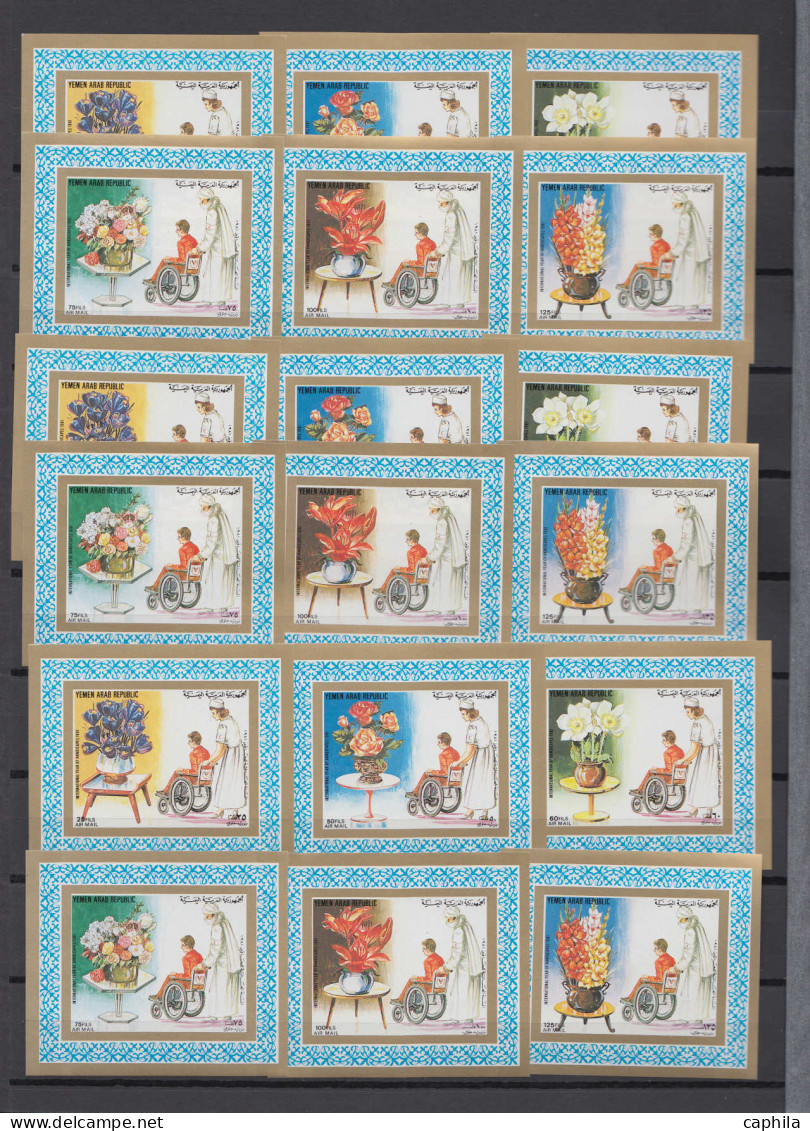 ** YEMEN - Lots & Collections - (1980/82), lot de feuilles, feuillets et mini-feuillets (2 à 4 de chaque), nombreux thèm