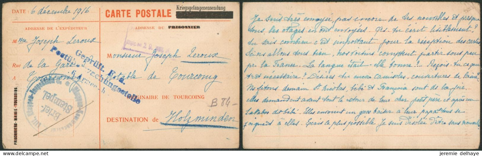 Guerre 14-18 - CP "Kriesgefangenensendung" De Tourcoing + Briefstempel Et Gepruft (6e Armée) > Camp De Holzminden - WW I