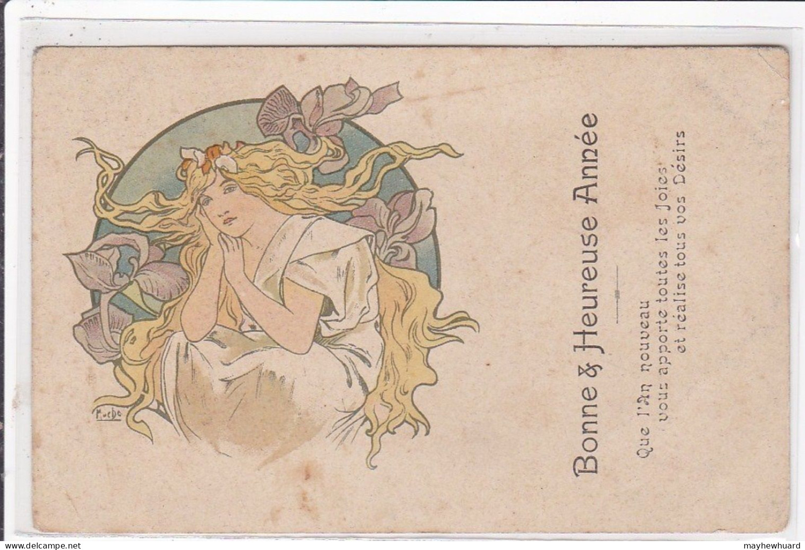 MUCHA Alphons : Carte Postale Avec Repiquage Pour La Bonne Année - état - Mucha, Alphonse