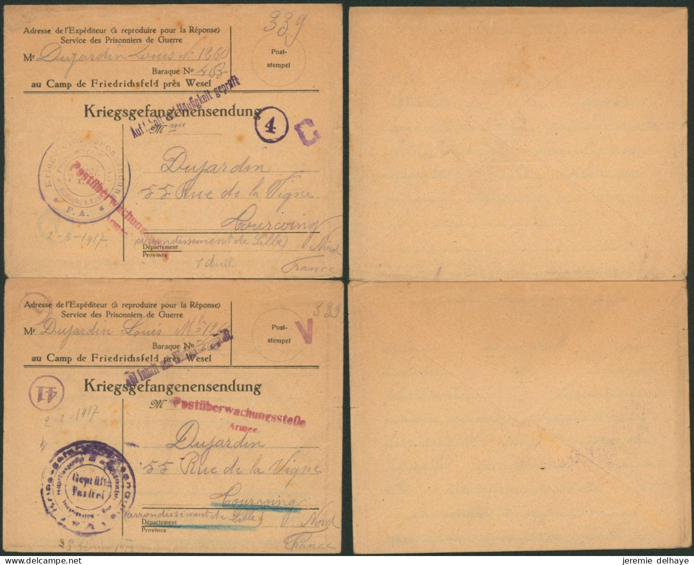 Guerre 14-18 - Lot De 2 Lettres Du Camp De Wesel (1917, Contenu) + Gepruft Taxfrei > Tourcoing - Guerre De 1914-18