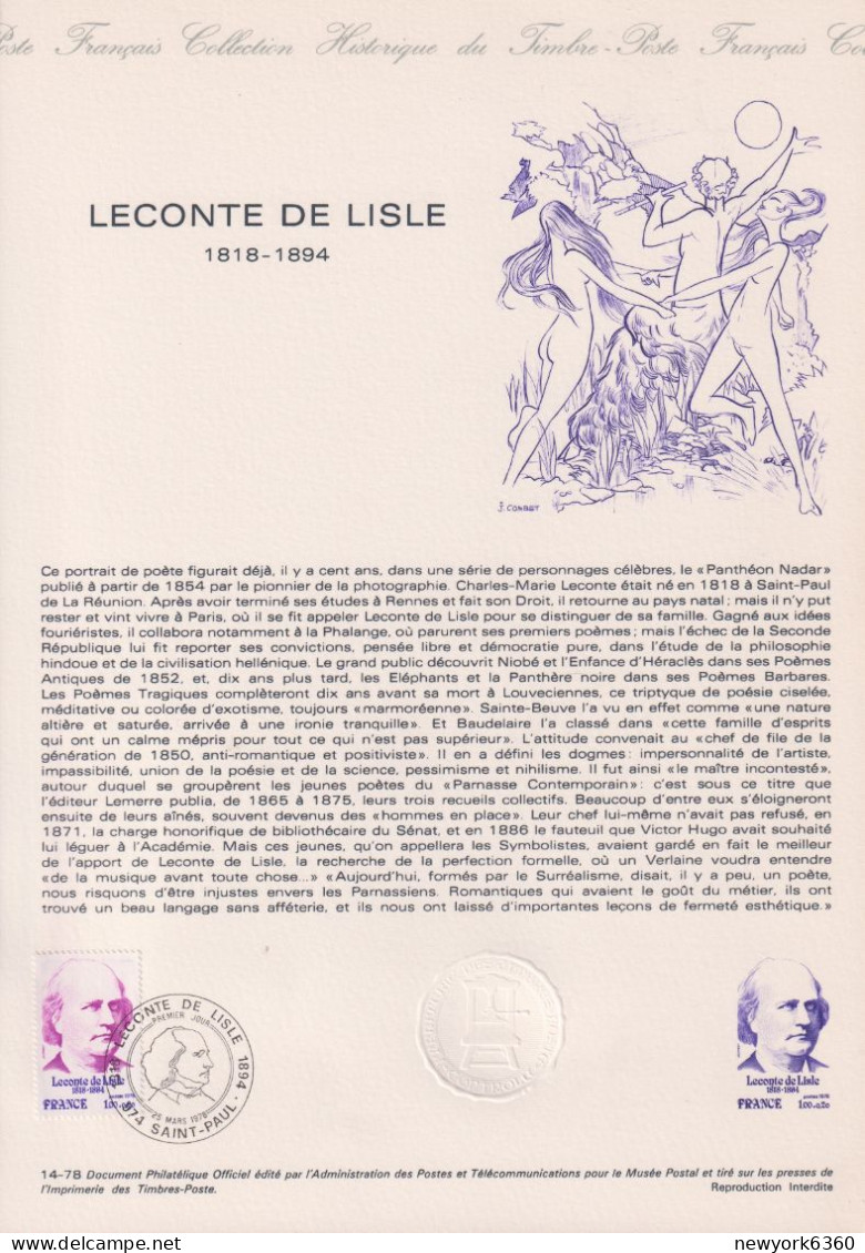 1978 FRANCE Document De La Poste Leconte De Lisle N° 1988 - Documents Of Postal Services