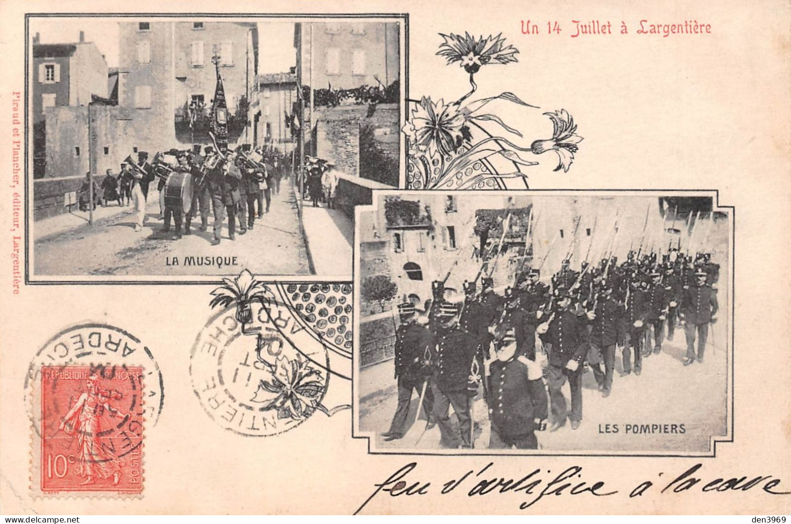 LARGENTIERE (Ardèche) - Un 14 Juillet - La Musique, Fanfare + Les Pompiers - Voyagé 1904 (2 Scans) - Largentiere