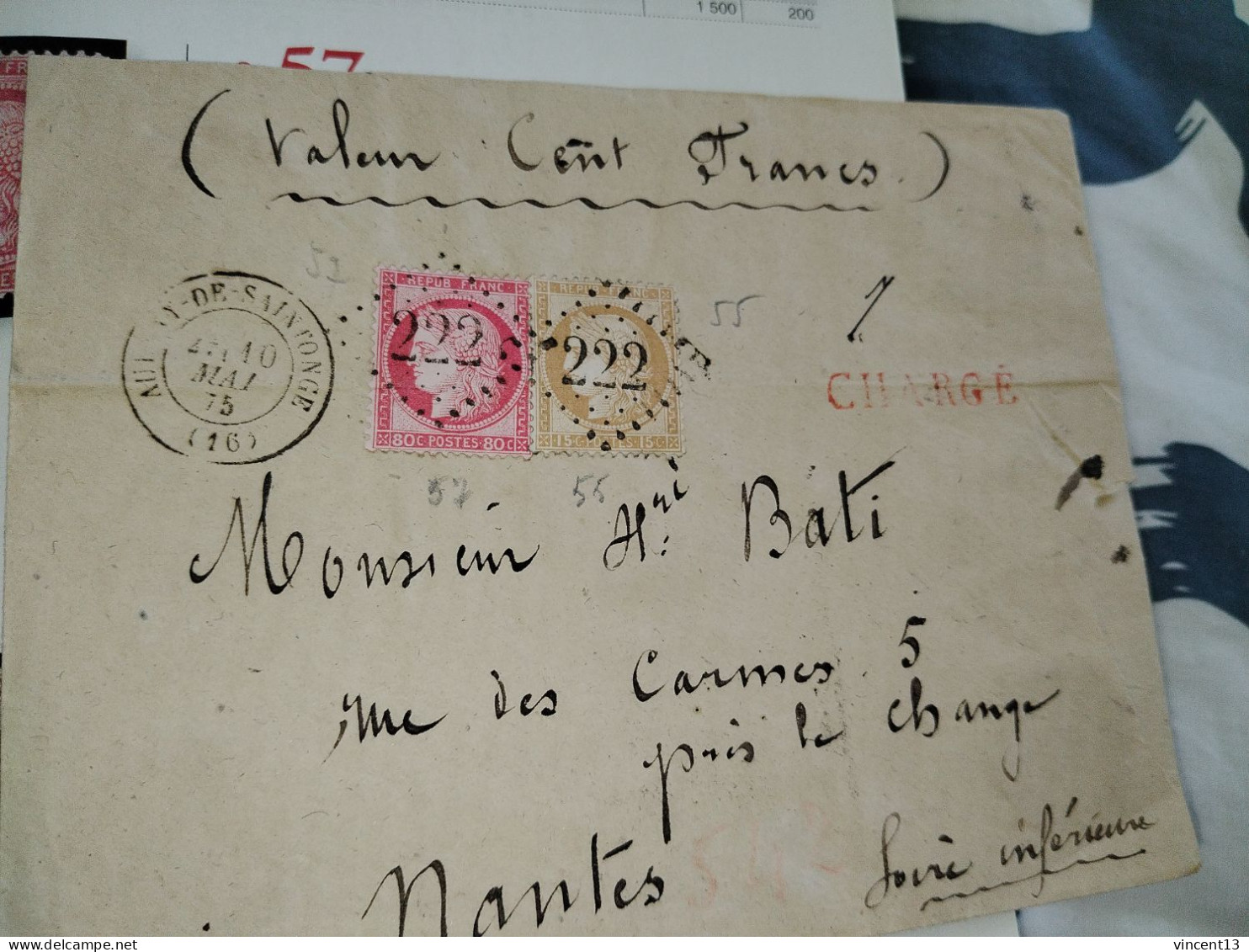 France Marcophilie Lettre Classique Chargée Valeur 100f - 1871-1875 Ceres