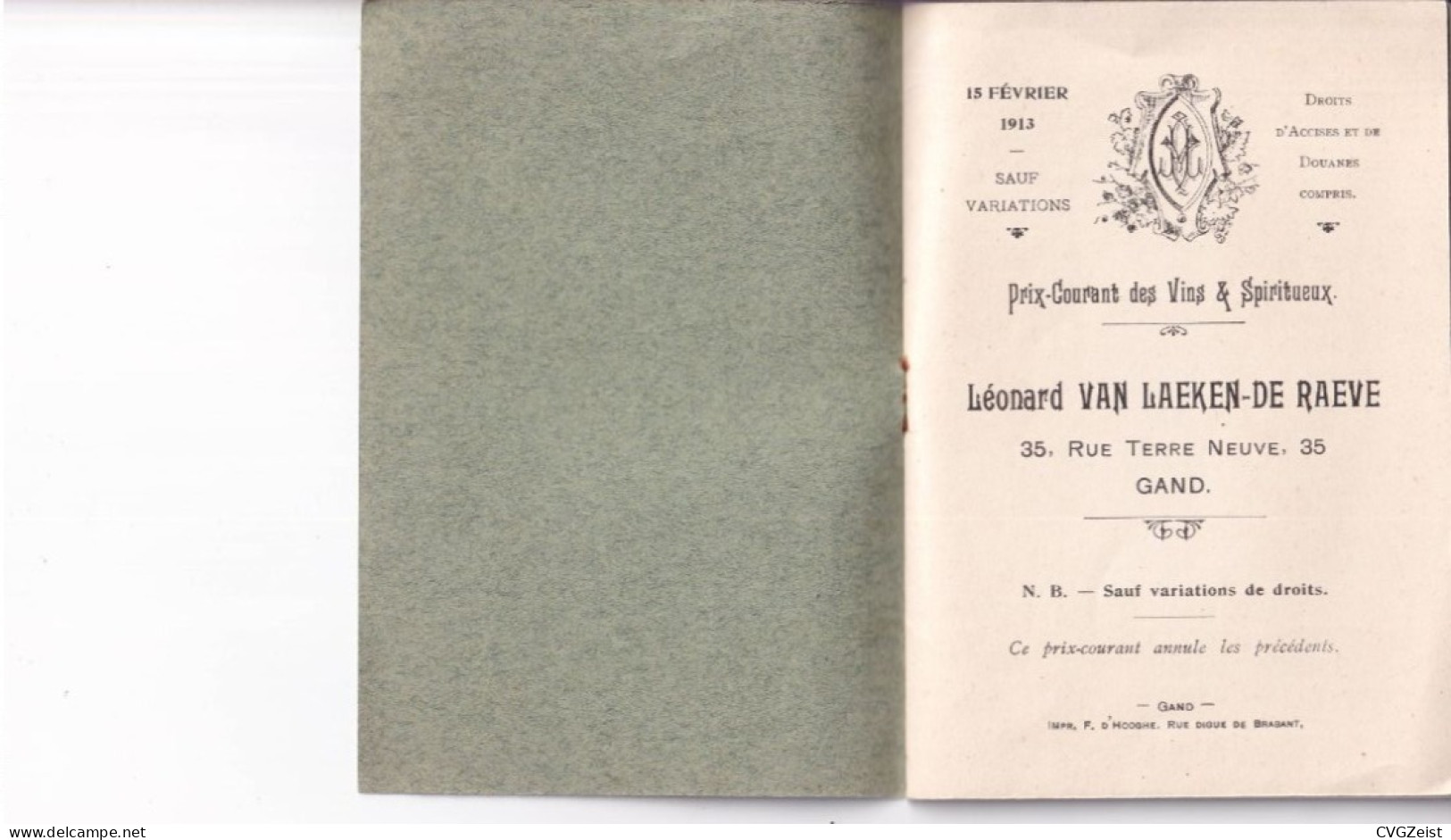 Prix Courant Des Vins Et Spiritueux L Van Laeken-De Raeve Gand 1913 - 1900 – 1949