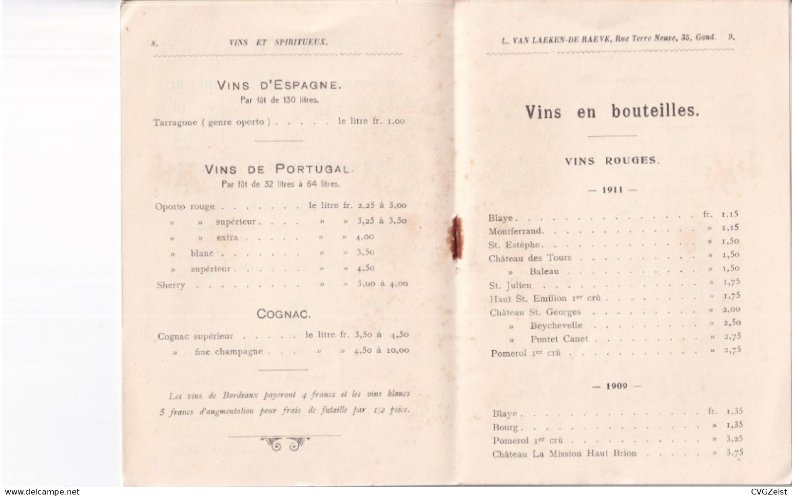 Prix Courant Des Vins Et Spiritueux L Van Laeken-De Raeve Gand 1913 - 1900 – 1949