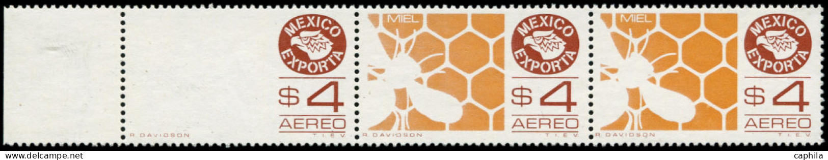 ** Abeilles - Poste - Mexique, Yvert Pa. 534, Bande De 3 Bdf, 1 Exemplaire Sans La Couleur Orange: 4p. Abeille - Abeilles