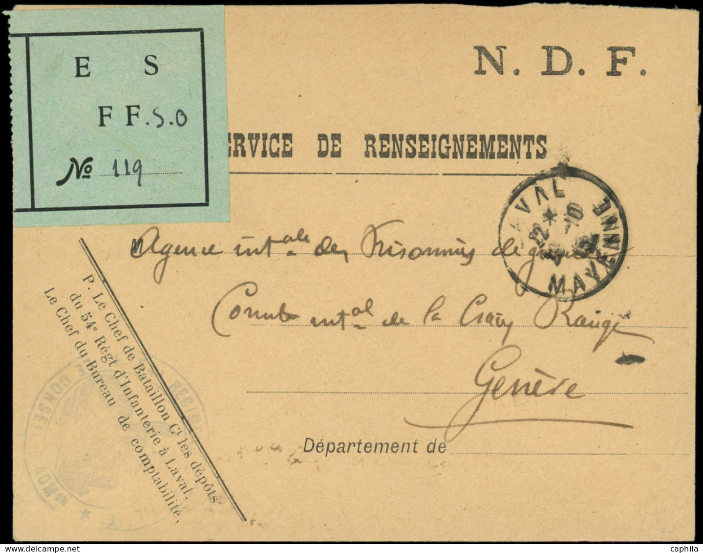 LET Croix Rouge - Poste - France, Enveloppe Cad. Laval 4/10/15 + étiquette Provisoire Verte "ES FF" (étiquette Française - Red Cross