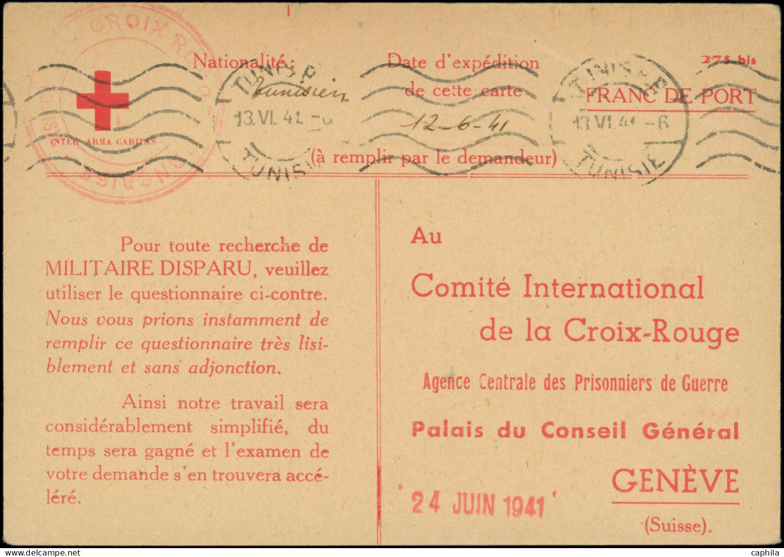LET Croix Rouge - Poste - France, Formulaire Pour La Croix-Rouge De Genève N° 275 Bis, Cad. Tunis 13/6/41 (recherche Des - Croix-Rouge