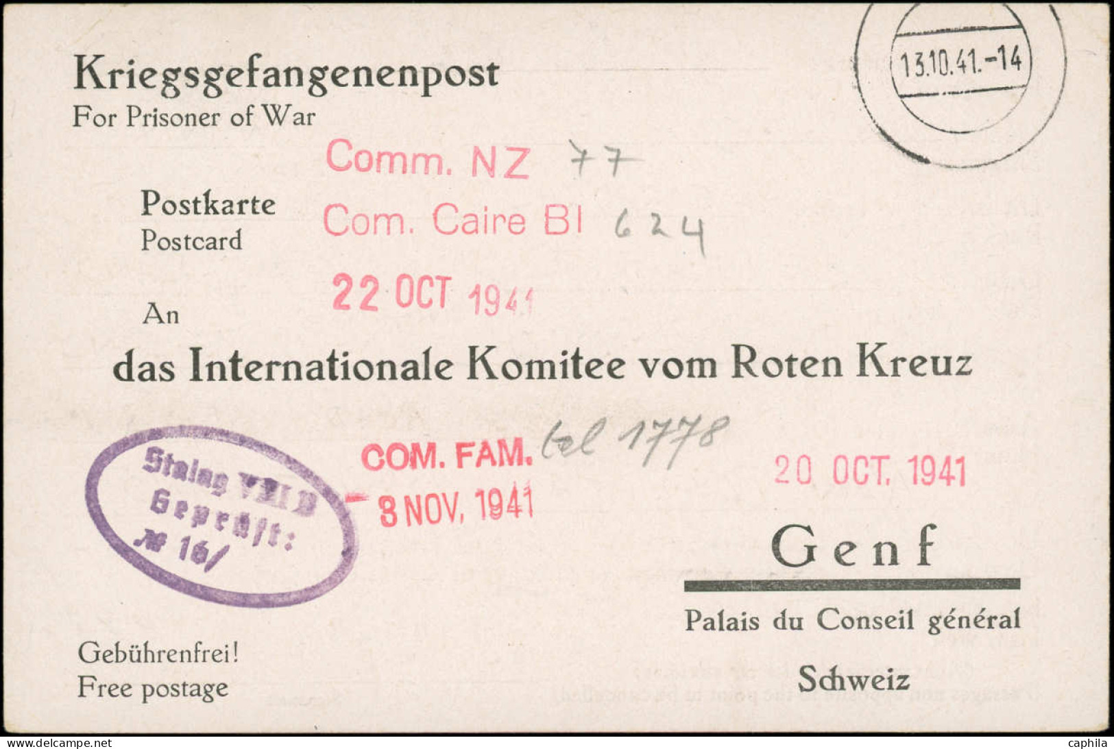 LET Croix Rouge - Poste - Allemagne, CP Pour La Croix-Rouge Envoyée 13/10/41 Par Un Prisonnier Néo-zélandais (renseignem - Red Cross