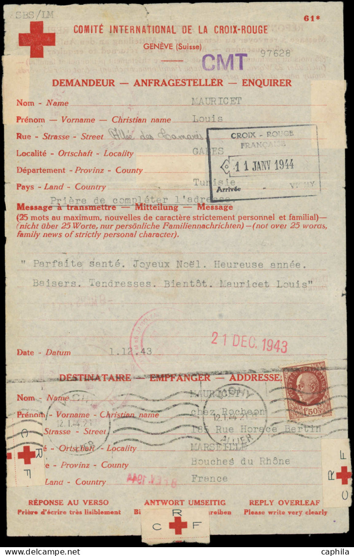 LET Croix Rouge - Poste - Tunisie, Message Du CICR, Confirmation D'un Télégramme Civil, Cad. Vichy 19/1/44 - Red Cross