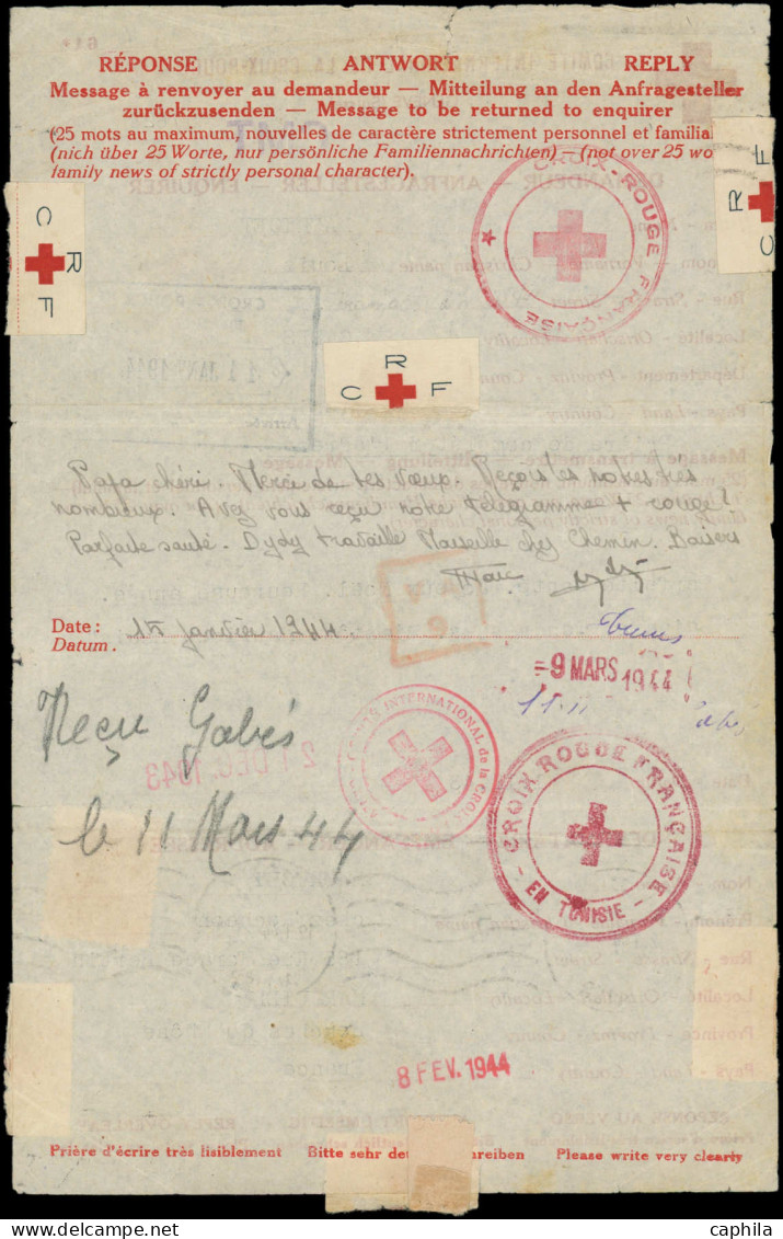 LET Croix Rouge - Poste - Tunisie, Message Du CICR, Confirmation D'un Télégramme Civil, Cad. Vichy 19/1/44 - Red Cross