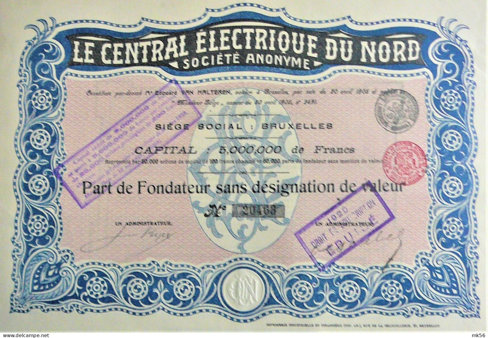 S.A. Le Central Electrique Du Nord -part De Fondateur (1905) - Electricité & Gaz