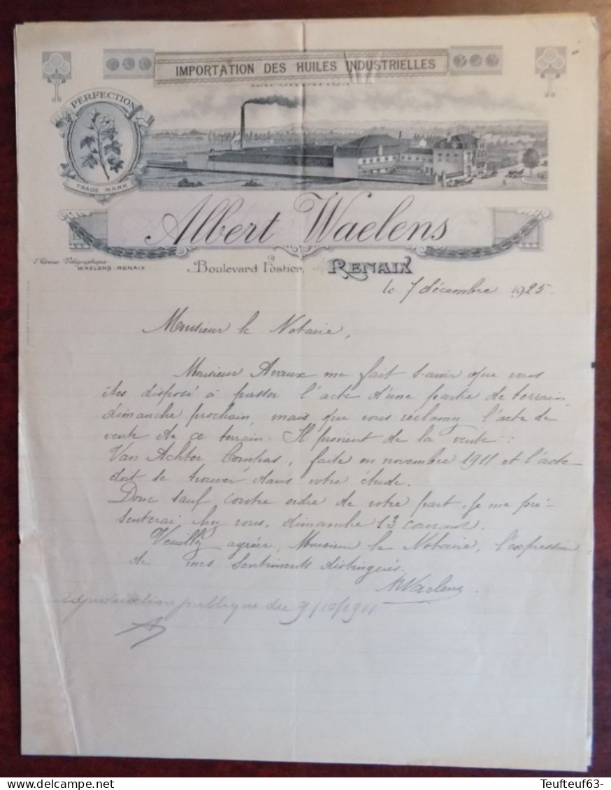 Lettre Avec Gravure " Ets Albert Waelens " Importation Des Huiles Industrielles à Renaix 1925 - 1900 – 1949