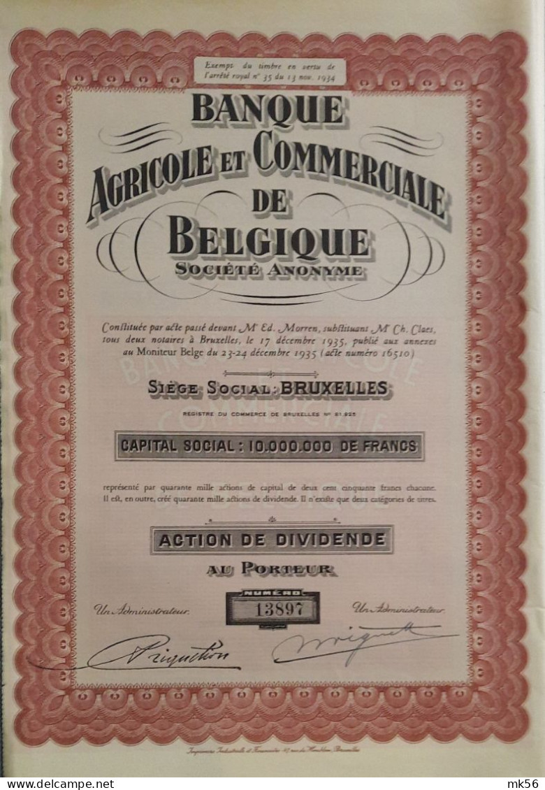 Banque Agricole Et Commerciale De Belgique - Action De Dividende -1935 - Bruxelles - Bank & Insurance