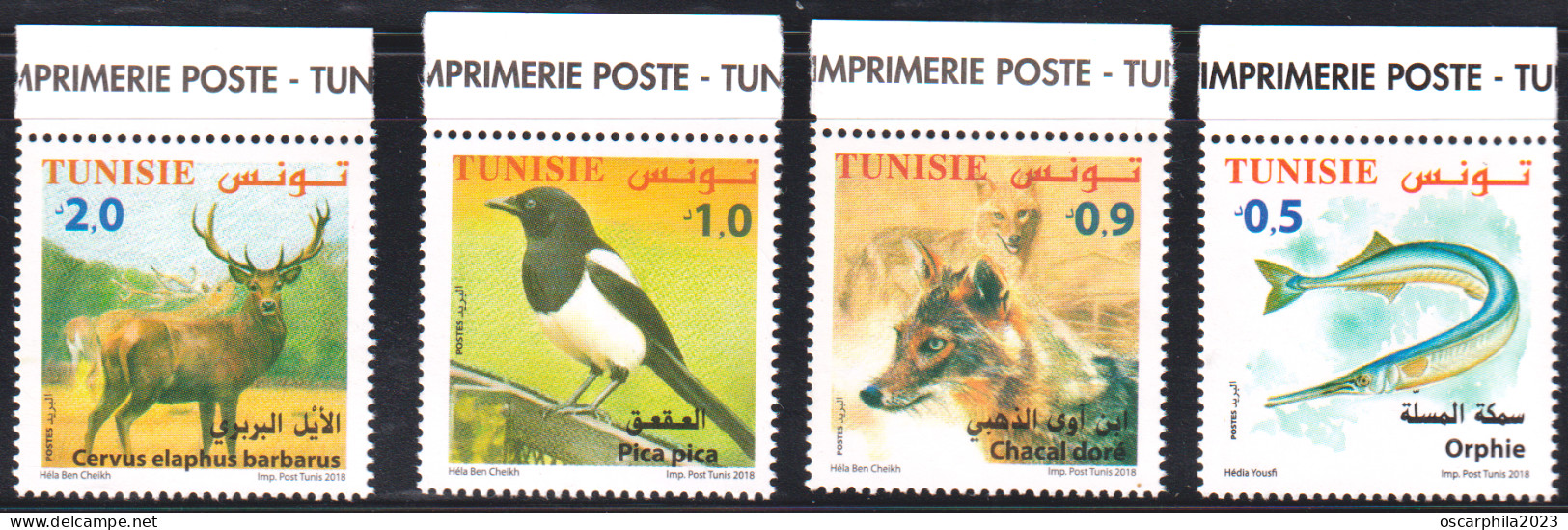 2018 -Tunisie- Faune Terrestre Et Maritime - Orphie, Chacal Doré, Pica Pica, Cervus Elaphus -4V Série Complète-MNH***** - Pics & Grimpeurs