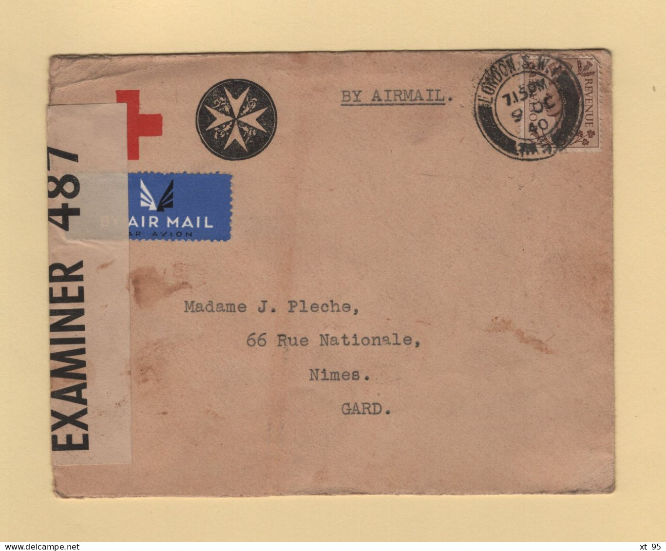Londres - 1940 - Par Avion Destination France - Censure - Croix Rouge Croix De Malte - Covers & Documents